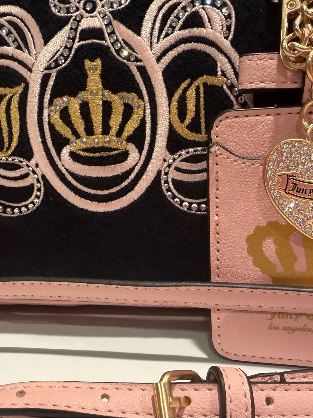Juicy Couture NWT Black & Pink Embroidered Dome Satchel Gold Hardware (P238